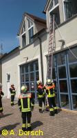 Unterdessen Befestigung des Schleifkorbes an der Leiter.